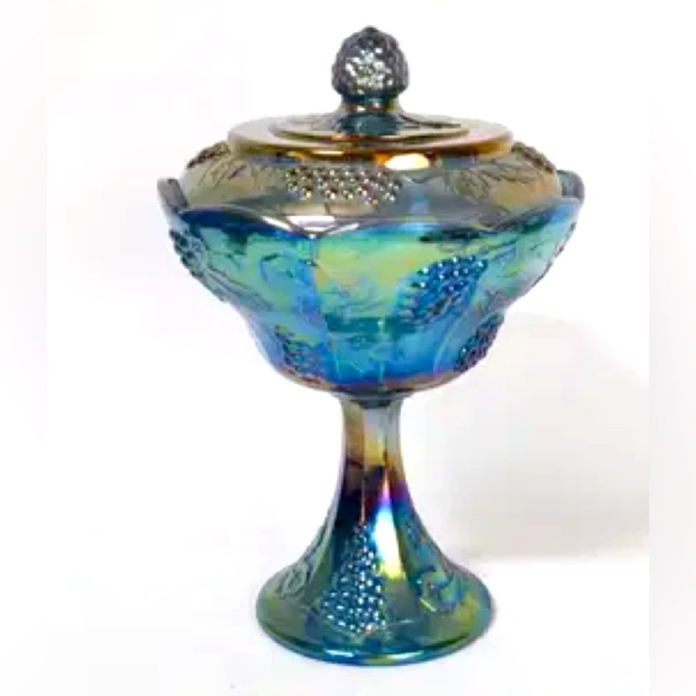 Vintage Indiana Blue Purple Harvest Grape Carnival Glass Compote with lid MINT